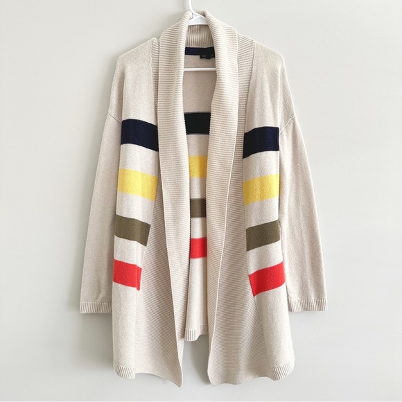 Talbots Sweaters - Talbots Lambswool Multicolor Striped Open-front Cream Longline Cardigan Medium